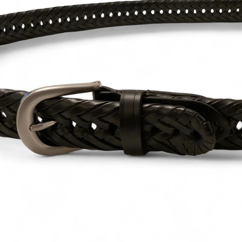 BLACK LEATHER Braided Belt Long Adjustable Silver Buckle XL 50" - Picture 11 of 12